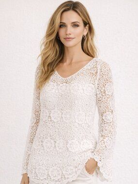 Acemi Top crochet white lace vintage look long sleeve top Sz L